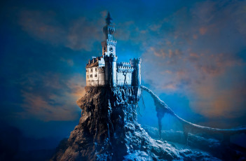Картинка фэнтези замки фантастика башня скала небо облака