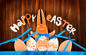 Картинка праздничные пасха надпись дерево фигурки easter праздник заяц ленты яйца