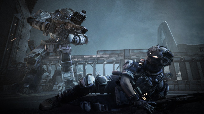 Обои картинки фото titanfall, видео игры, ранение, солдат, робот