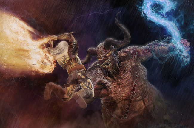 Обои картинки фото видео игры, diablo iii,  reaper of souls, человек, дождь, существо, рога, игра, арт, бой, пламя, цепь, монстр