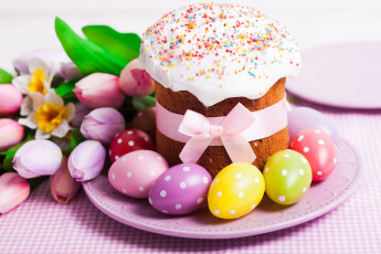 Картинка праздничные пасха яйца decoration кулич cake holiday blessed easter spring выпечка tulips eggs тюльпаны глазурь