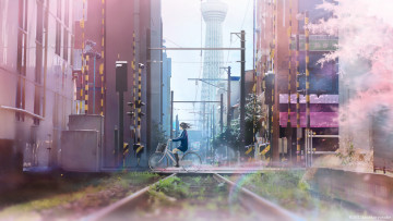 обоя аниме, город,  улицы,  здания, арт, tanaka, ryosuke, велосипед, девушка