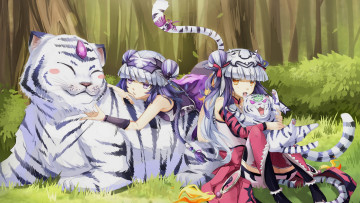 Картинка аниме животные +существа m-musume девушки арт поляна лес тигры