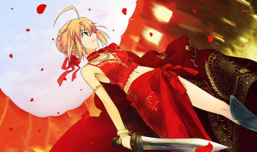 Картинка аниме fate stay+night лепестки saber extra stay night девушка takeuchi takashi красный наряд меч