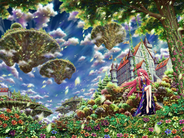 Обои картинки фото аниме, город,  улицы,  здания, арт, e-k, замок, девушка, облака, дерево, качели