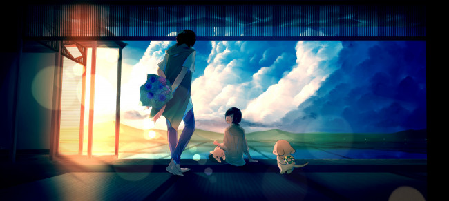 Обои картинки фото аниме, unknown,  другое, букет, собака, кот, парень, девушка, tamagosho, солнце, облака, венок, цветы, закат, небо, арт