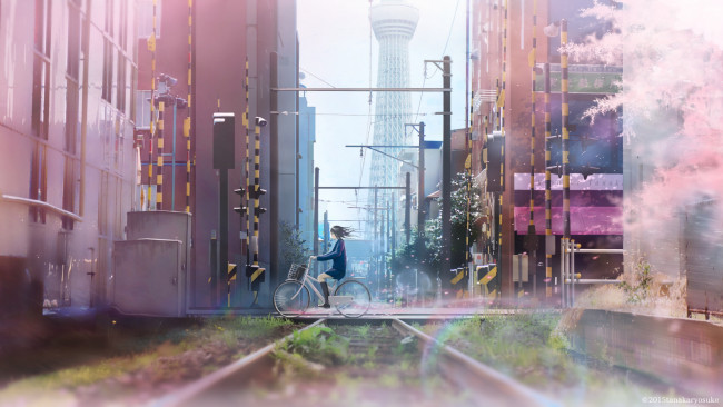 Обои картинки фото аниме, город,  улицы,  здания, арт, tanaka, ryosuke, велосипед, девушка