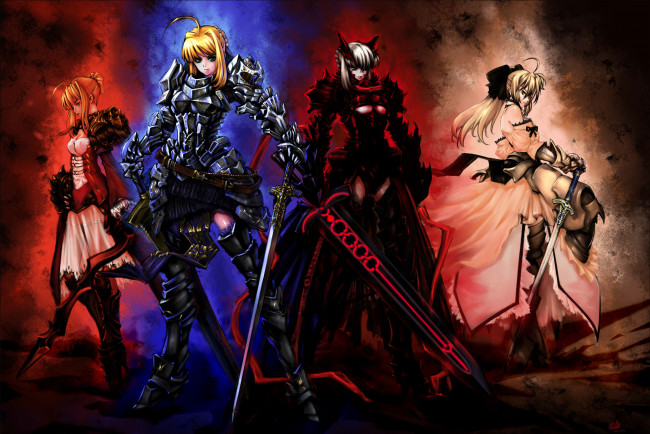Обои картинки фото аниме, fate, stay night, jian, huang, арт, девушки, оружие, мечи