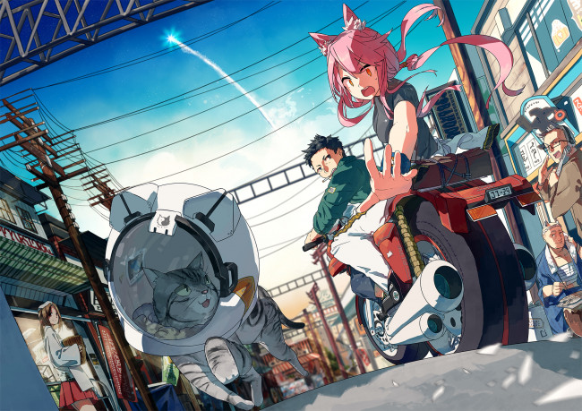 Обои картинки фото аниме, город,  улицы,  здания, hitomai, , кот, шлем, парень, девушка, арт, мотоцикл
