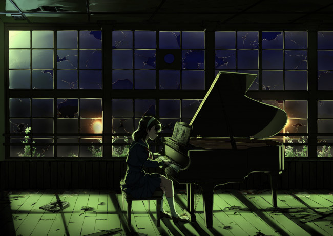 Обои картинки фото аниме, музыка, вечер, пианино, девушка, арт, ai-wa