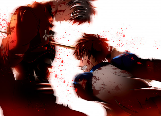 Обои картинки фото аниме, fate, stay night, кровь, парни, skyt2, меч, ранение, emiya, shirou, archer, stay, night