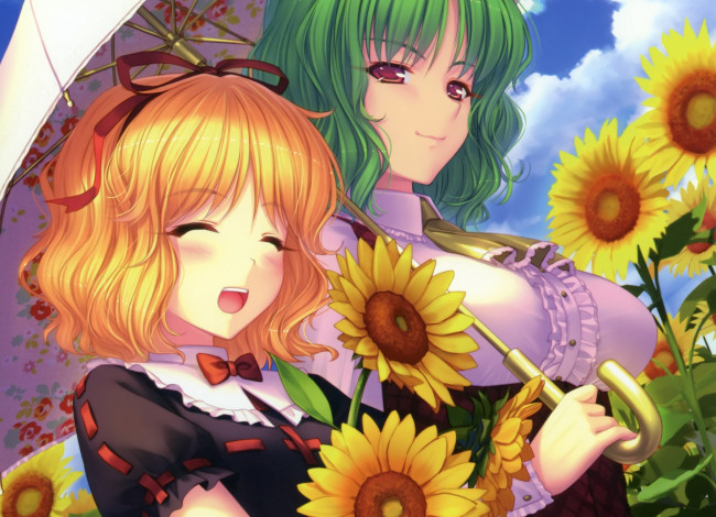 Обои картинки фото аниме, touhou, небо, зонт, подсолнухи, kazami, yuuka, девушки, арт, medicine, melancholy, sayori