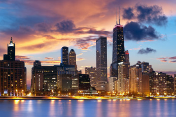 обоя города, Чикаго , сша, дома, высотки, облака, вечер, набережная, река, Чикаго