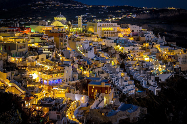 Обои картинки фото города, санторини , греция, огни, панорама, ночь