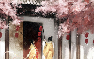Картинка аниме mo+dao+zu+shi люди фонари дом деревья