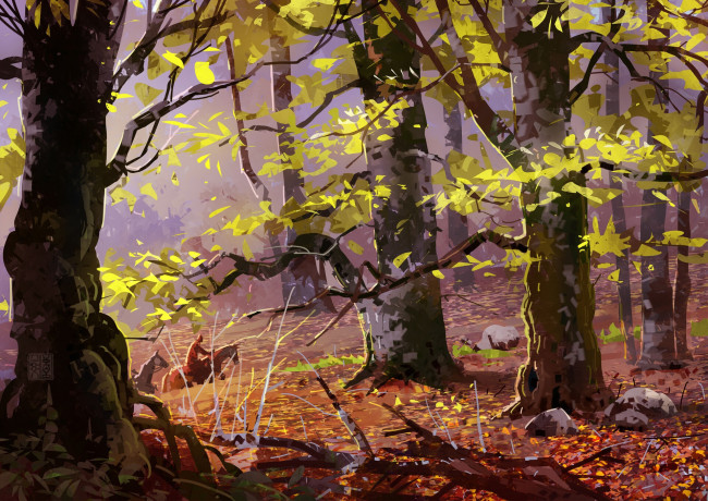 Обои картинки фото рисованное, природа, лес, осень, всадники