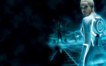 обоя кино фильмы, tron legacy, девушка, неон, костюм, башня, площадь