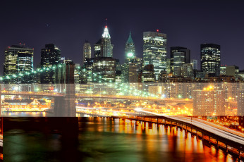 Картинка new york city города нью йорк сша бруклинский мост ночной город здания небоскрёбы огни nyc brooklyn bridge