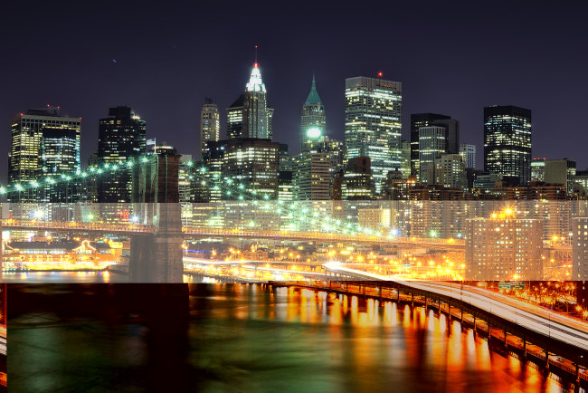Обои картинки фото new, york, city, города, нью, йорк, сша, бруклинский, мост, ночной, город, здания, небоскрёбы, огни, nyc, brooklyn, bridge