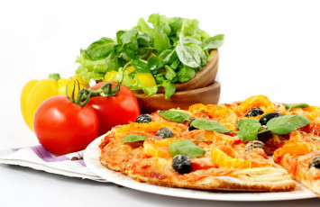 Картинка еда пицца белый фон овощи помидоры зелень томаты