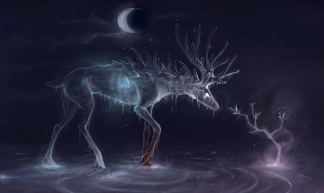 обоя фэнтези, призраки, олень, туман, луна, деревце