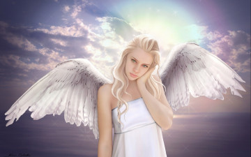 обоя фэнтези, ангелы, девушка, крылья