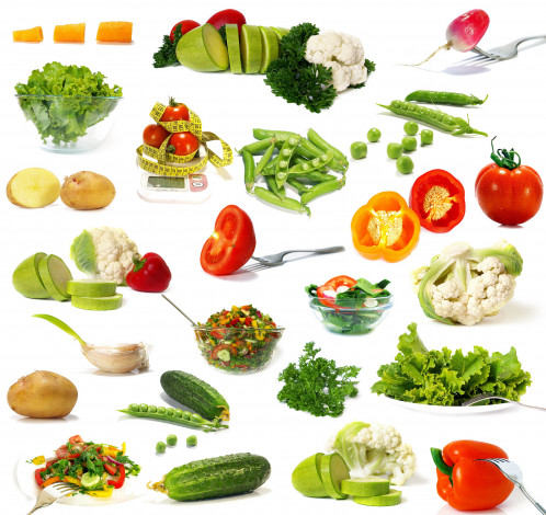 Обои картинки фото еда, овощи, коллаж, зелень, белый, фон, диета, редиска, салат, огурец, огурцы, томаты