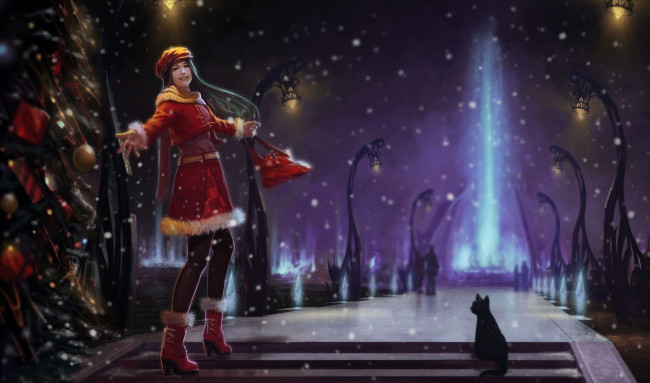Обои картинки фото рисованные, люди, зима, снег, ночь, девушка, кошка, веселье, ёлка, аллея, фонари, луч