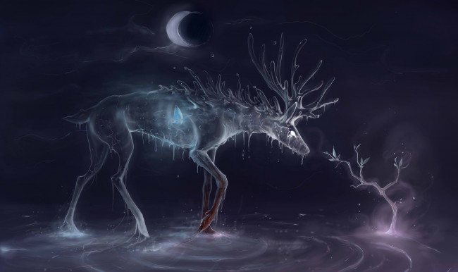 Обои картинки фото фэнтези, призраки, олень, туман, луна, деревце