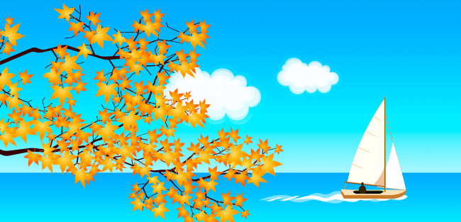 Обои картинки фото векторная графика, ветки, облака, небо, листья, парусник, вода