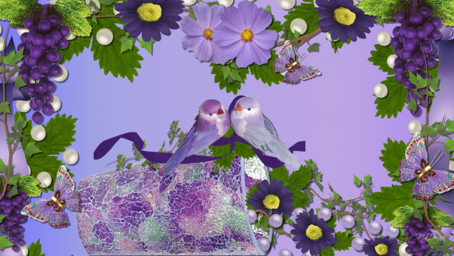 Обои картинки фото разное, компьютерный дизайн, виноград, цветы, бабочки, птицы