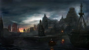 Картинка фэнтези иные+миры +иные+времена гавань город мир иной корабли храм