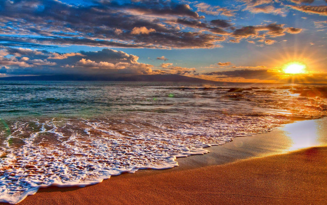 Обои картинки фото природа, восходы, закаты, волны, пляж