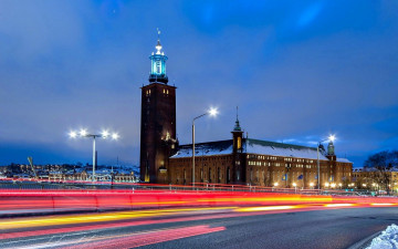Картинка города стокгольм+ швеция башня фонари дорога вечер