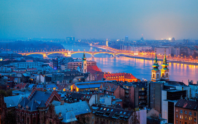 Обои картинки фото города, вена , австрия, огни, вечер, панорама, мост, река