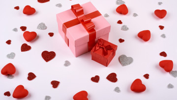 Картинка праздничные день+святого+валентина +сердечки +любовь подарки сердечки бант лента