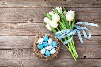 Картинка праздничные пасха тюльпаны корзина яйца лента