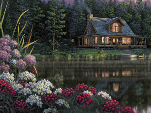Картинка kim norlien рисованные озеро дом
