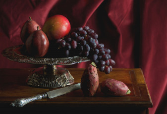 обоя еда, натюрморт, виноград, нож, опунция, груши