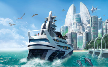обоя anno, 2070, видео, игры, яхта, город, дельфины