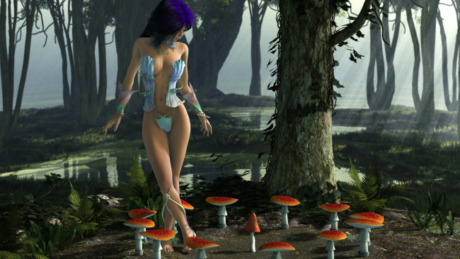 Обои картинки фото 3д, графика, people, люди, девушка, лес, грибы