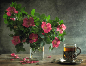 обоя цветы, шиповник, чай, букет
