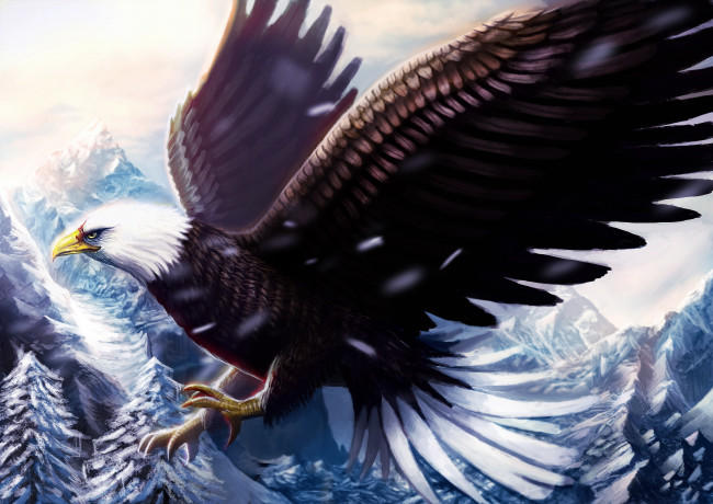Обои картинки фото рисованные, животные,  птицы,  орлы, птица, холод, зима, снег, горы, полет, крылья, клюв, орел