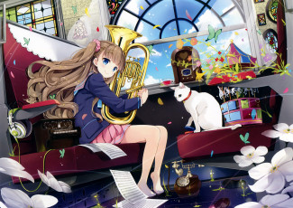 Картинка аниме музыка девушка кошка труба