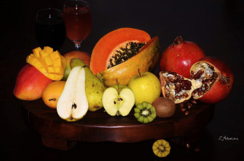 Картинка еда фрукты +ягоды папайя груши киви гранат сок манго яблоко