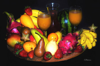 Картинка еда фрукты +ягоды ягоды арбуз клубника карамболь сок груша банан манго питахайя
