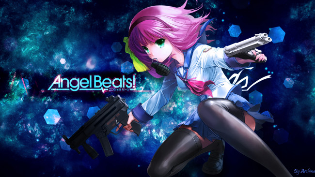 Обои картинки фото аниме, angel beats, взгляд, фон, девушка, оружие