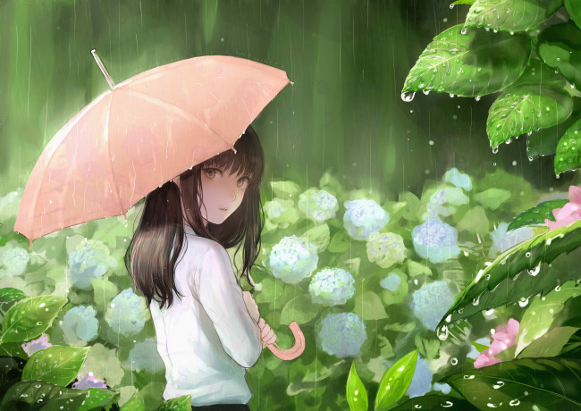 Обои картинки фото аниме, unknown,  другое, девушка, листья, дождь, дюймовочка, зонт
