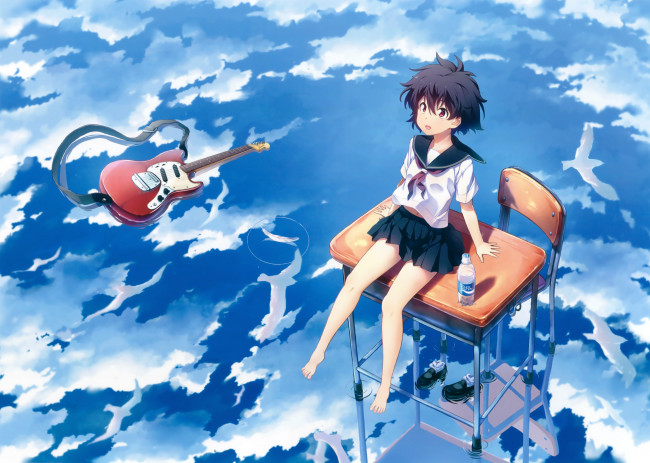 Обои картинки фото аниме, музыка, небо, гитара, девочка