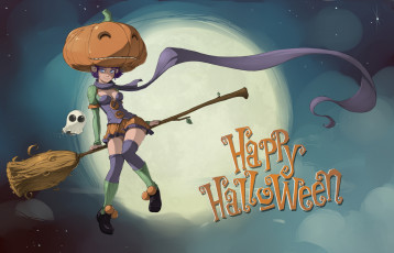 Картинка праздничные хэллоуин девушка фон взгляд полет тыква метла привидение